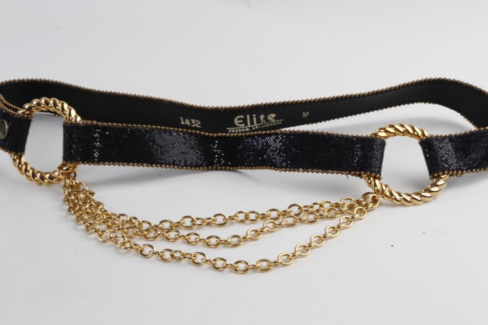 Vintage Elite Fresno California Black Glitter Gold Twisted Ring Chain Belt M